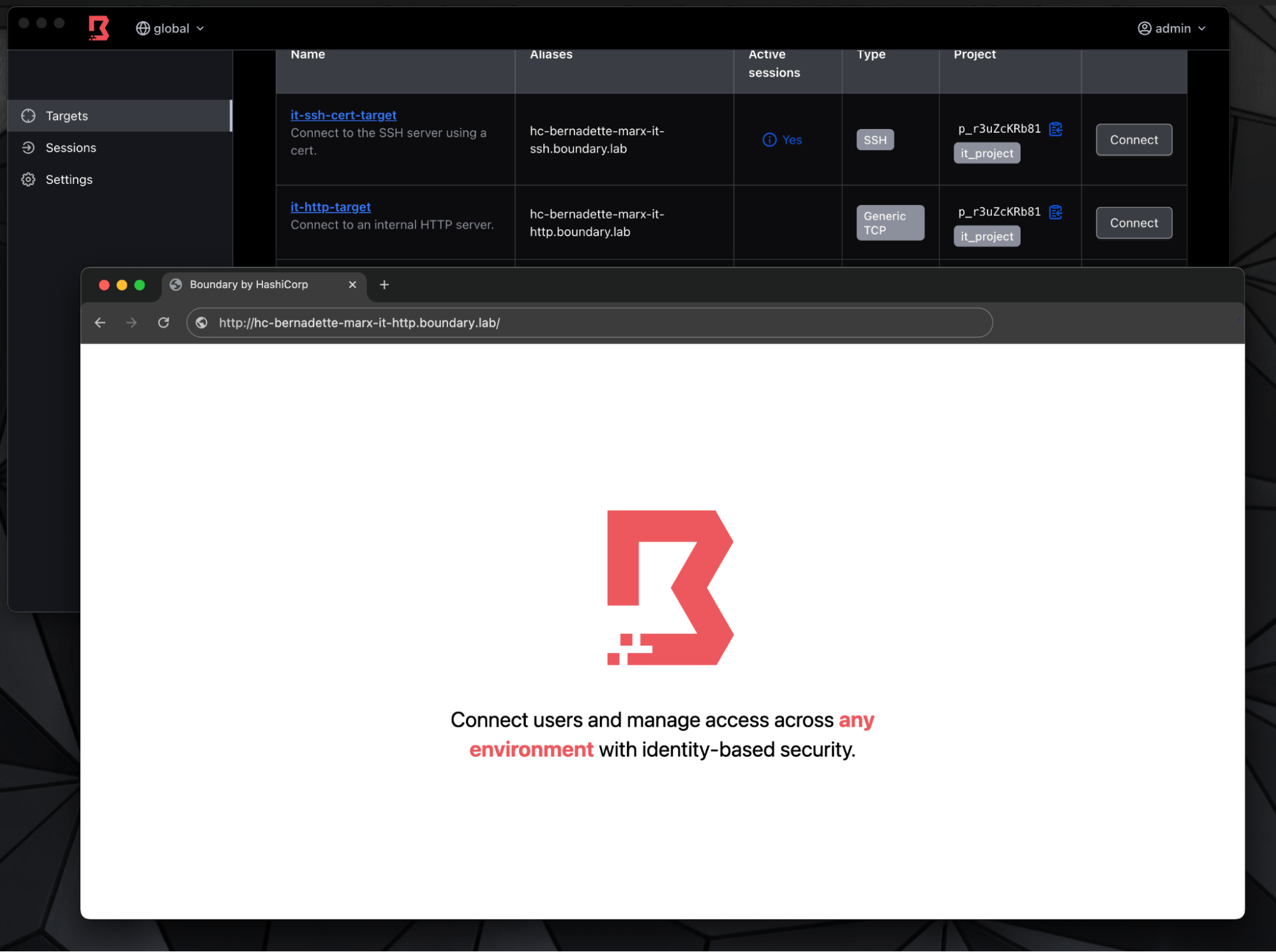 Screenshot demonstrating HTTP target access by entering http:// followed by the alias target name in a web browser