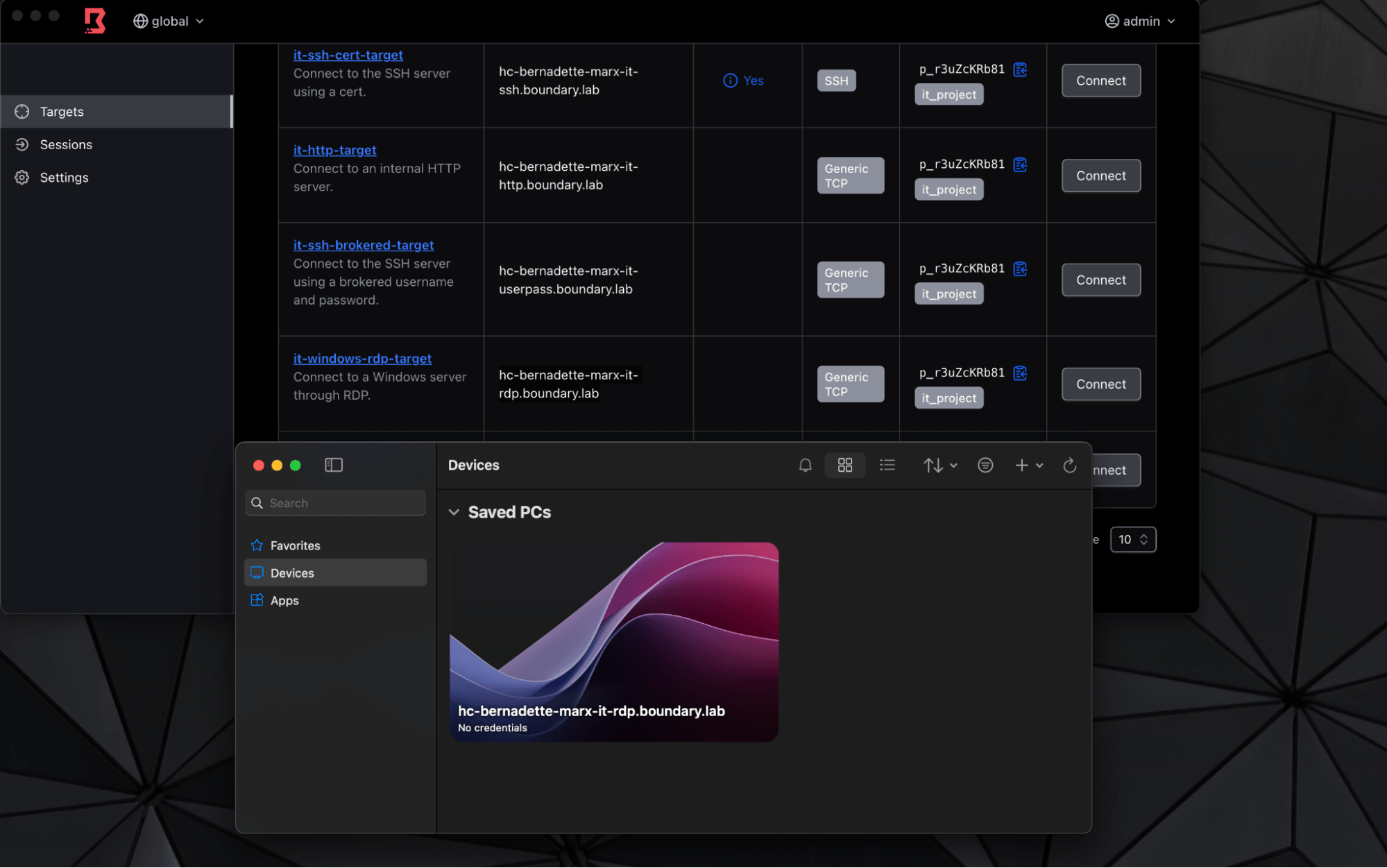 Screenshot of Remote Desktop Protocol connection through Boundary using a target alias