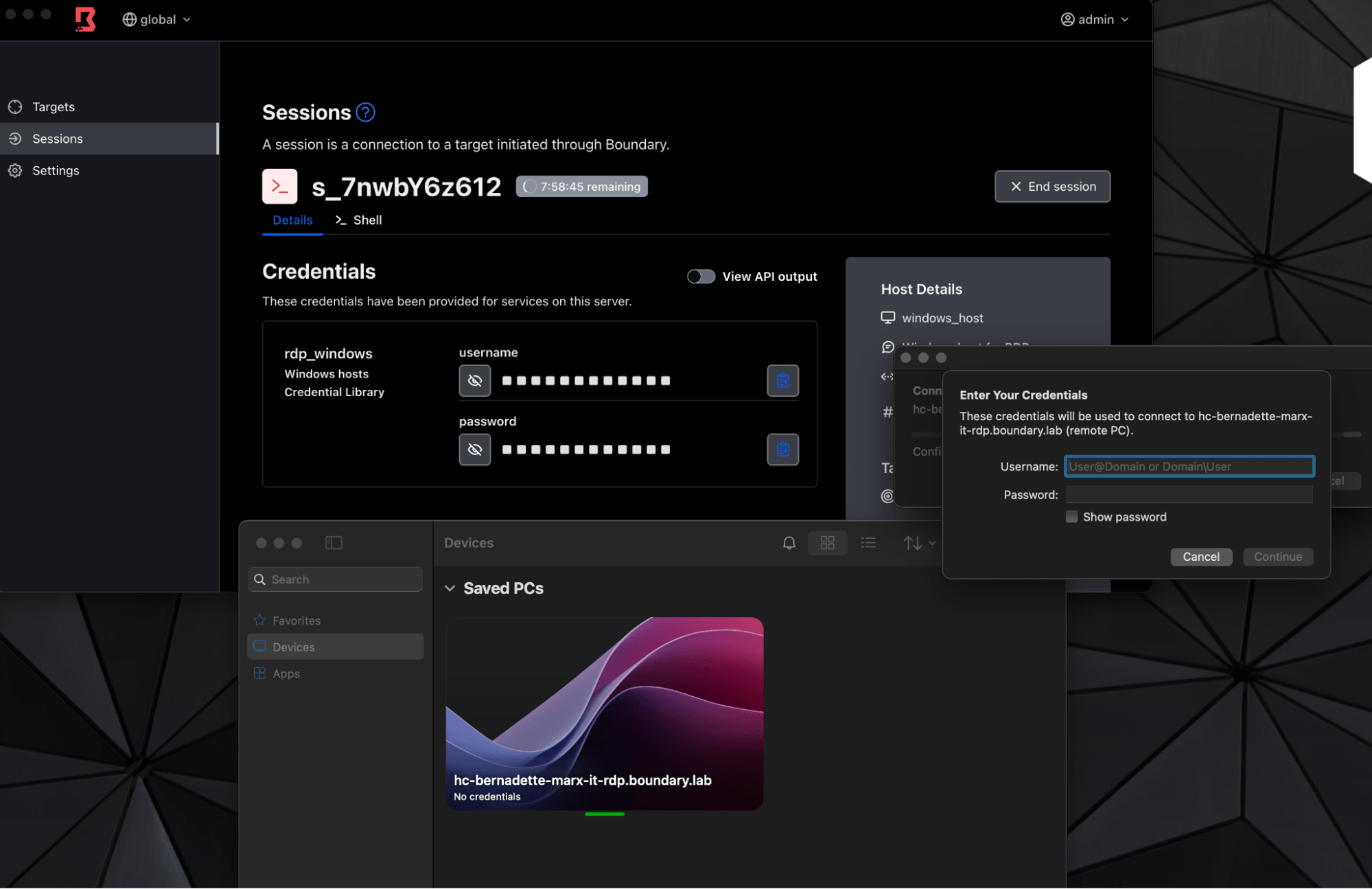 Screenshot showing credential entry dialog for RDP connection with credentials provided by Boundary through notification prompts
