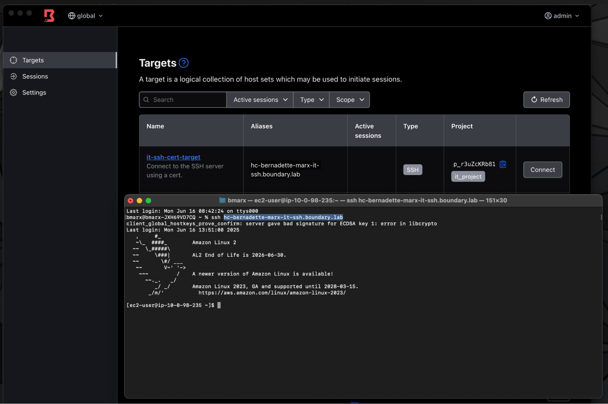 Screenshot showing SSH access to a target through Boundary using a target alias instead of direct IP connection