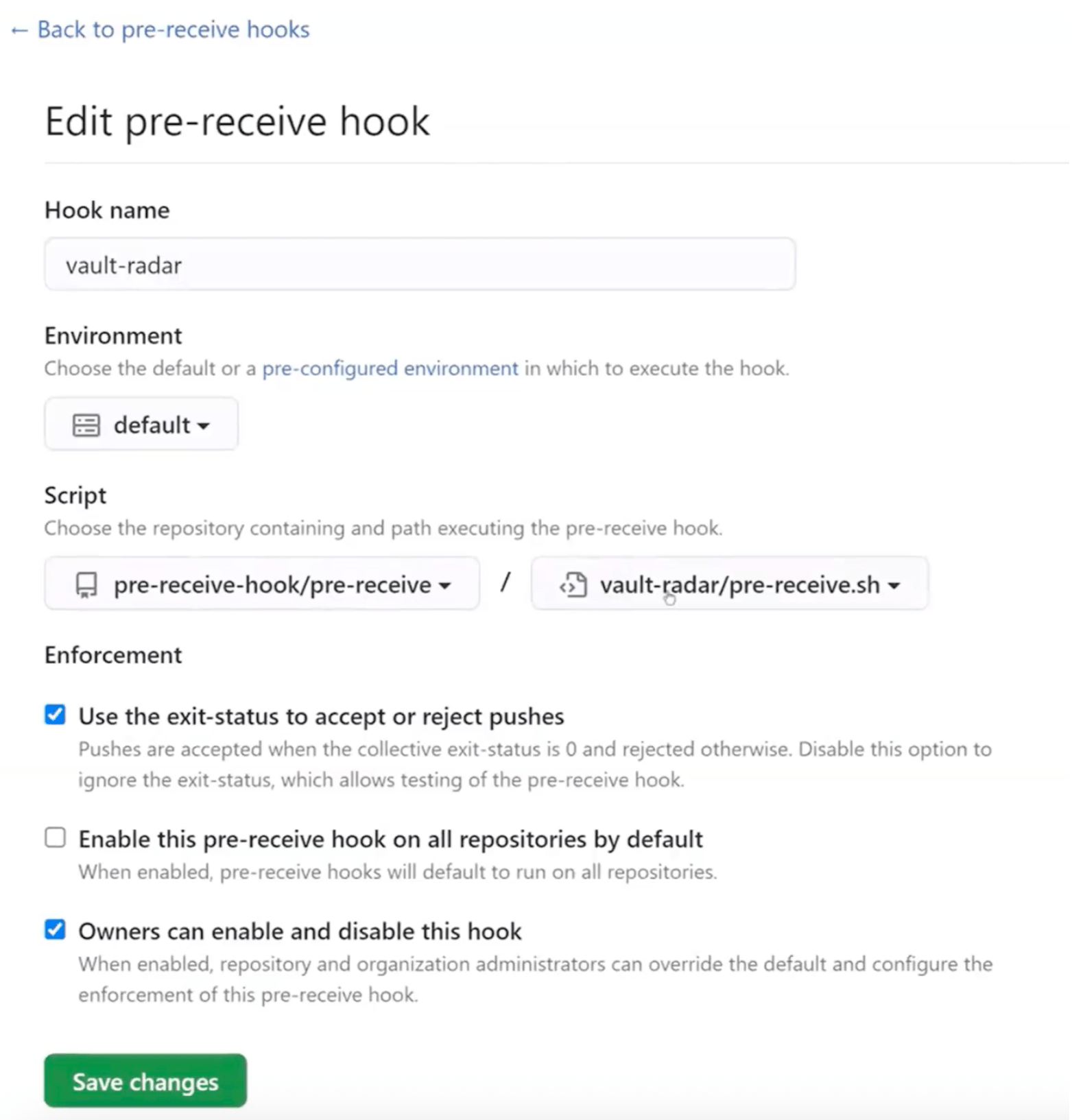Pre-receive hook configuration interface